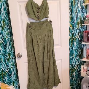 Olive Green Two-Piece Button Crop Top and Maxi Skirt Set